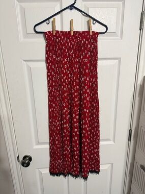 Women’s Red Floral Smocked Maxi Skirt with Black Lace Trim